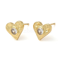 Rack Plating Brass Heart Stud Earrings, with Cubic Zirconia, Lead Free & Cadmium Free, Real 18K Gold Plated, 9x10mm(EJEW-M235-01G)
