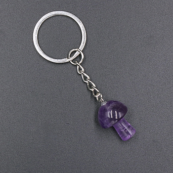 Natural Amethyst Mushroom Keychain, with Iron Findings, 7.5x2.5cm