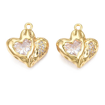 Brass Micro Pave Cubic Zirconia Pendants, Real 18K Gold Plated, Heart, Clear, 18x17.5x6mm, Hole: 1.8mm