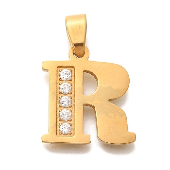 Ion Plating(IP) 304 Stainless Steel Rhinestone Pendants, Letter R, 17~19x10.5~18x2mm, Hole: 6.5x3.5mm