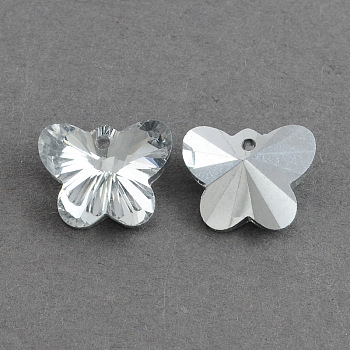 Butterfly Electroplated Glass Pendants, Silver Plated Bottom, Faceted, Clear, 12x15x7mm, Hole: 1mm