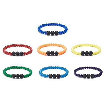 7Pcs 7 Colors Acrylic & Natural Lava Rock Round Beaded Stretch Bracelets Sets, Essential Oil Gemstone Jewelry for Women, Mixed Color, Inner Diameter: 2-1/4 inch(5.7cm), 1Pc/color