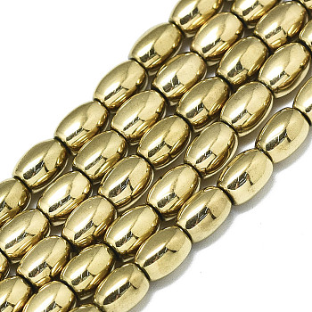 Electroplate Non-magnetic Synthetic Hematite Beads Strands, Oval, Real 18K Gold Plated, 5.5x4mm, Hole: 0.5mm, about 68~70pcs/strand, 15.75 inch(40cm)