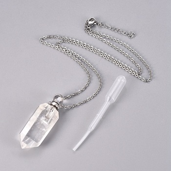 Natural Quartz Crystal Openable Perfume Bottle Pendant Necklaces, with Stainless Steel Cable Chain and Plastic Dropper, Bullet, Platinum, 19.21 inch(50.6cm), Bottle Capacity: 0.15~0.3ml(0.005~0.01 fl. oz), 2mm