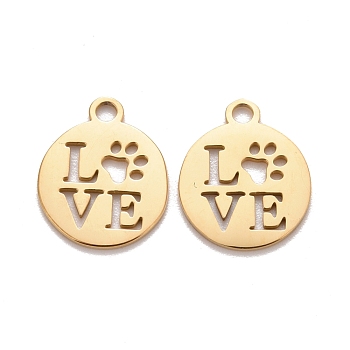 201 Stainless Steel Pendants, Laser Cut, Manual Polishing, Flat Round with Word Love, Golden, 14x12x1mm, Hole: 1.5mm