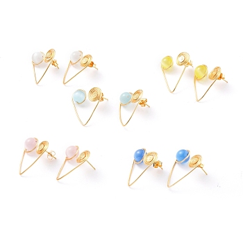 Cat Eye Stud Earrings, with Copper Wire, 304 Stainless Steel Stud Earring Findings and Brass Ear Nuts, Golden, Mixed Color, 23~25mm, Pin: 0.8mm