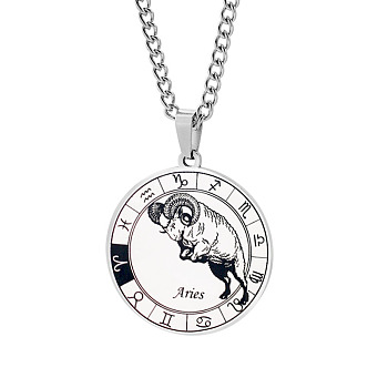 Unisex 201 Stainless Steel Constellation Pendant Necklaces, with Curb Chains, Laser Engraved Pattern, Flat Round, Aries, 13.19 inch(335mm) 