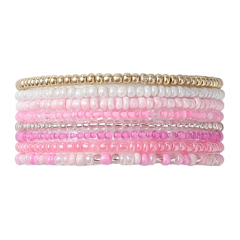 8Pcs 8 Color Glass Seed Beaded Stretch Bracelets Set for Women, Pink, Inner Diameter: 2-1/8 inch(5.5cm)