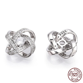 Rhodium Plated 925 Sterling Silver Micro Pave Cubic Zirconia Charms, with S925 Stamp, Flower Charms, Nickel Free, Real Platinum Plated, 11x11x4mm, Hole: 1.2mm