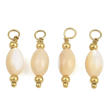 Natural Freshwater Shell Pendants, Rice Charm, with 304 Stainless Steel Findings, Ion Plating(IP), Long-Lasting Plated, Real 18K Gold Plated, 20~20.5x5.5~6mm, Hole: 3mm