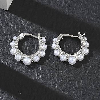 Brass Hoop Earrings for Women, with ABS Imitation Pearl, Rack Plating, Long-Lasting Plated, Lead Free & Cadmium Free, Platinum, 19x21x5mm