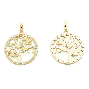 Brass Micro Pave Clear Cubic Zirconia Pendants, with Brass Snap on Bails, Nickel Free, Hollow, Flat Round with Tree, Real 18K Gold Plated, 24x21.5x1.5mm, Hole: 3.5x5mm