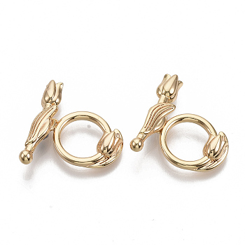 Brass Toggle Clasps, Nickel Free, Flower, Real 18K Gold Plated, 21mm, Bar: 21x3.5x5mm, hole: 1.2mm, Ring: 16x12x3mm, hole: 1.2mm, Jump Ring: 5x1mm