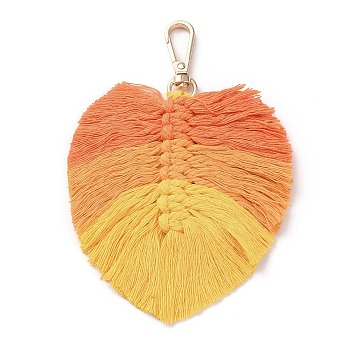 Handmade Braided Macrame Cotton Thread Leaf Pendant Decorations, with Brass Clasp, Orange, 13.5cm
