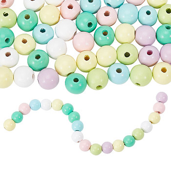 140Pcs 7 Colors Spray Painted Wood European Beads, Large Hole Round Beads, Mixed Color, 15~16x14.5~16mm, Hole: 4mm, 20pcs/color