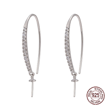 Rhodium Plated 925 Sterling Silver Micro Pave Cubic Zirconia Earring Hooks, For Half-drilled Beads, Platinum, 30~32x2mm, 22 Gauge, Pin: 0.6mm and 0.7mm