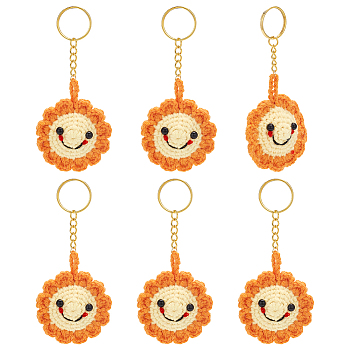 Woolen Yarn Keychain, with Iron Keychain Rings, Sun, Orange, 11.5cm, 6pcs/set