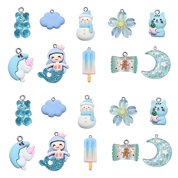 30Pcs 10 Styles Opaque & Transparent  Resin Pendants, with Platinum Tone Iron Loops, Mermaid & Moon & Cloud & Ice Cream Charms, Mixed Shapes, Blue, 20~41.5x13~33x5~7.5mm, Hole: 2mm, 3pcs/style