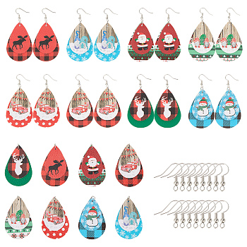 DIY Christmas Themed Earring Making Kits, Including Teardrop PU Leather Big Pendants, Brass Earring Hooks, Platinum, Pendants: 56.5x37x3mm, Hole: 5mm, 16pcs/set