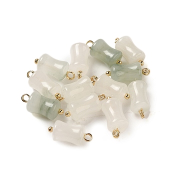 Natural Jade Bamboo Stick Charms with Rack Plating Brass Loops, Real 18K Gold Plated, Long-Lasting Plated, 14x7mm, Hole: 1.6mm