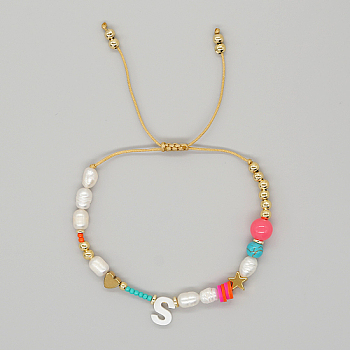 Initial Letter Natural Pearl Braided Bead Bracelet, Adjustable Bracelet, Letter S, 11 inch(28cm)
