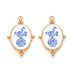 304 Stainless Steel Enamel Pendants, Oval with Flower Pattern Charms, Ion Plating(IP), Real 18K Gold Plated, Deep Sky Blue, 32x20mm(STAS-OY002-91G-01)
