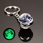 Luminous Glass Pendant Keychain, with Alloy Key Rings, Glow In The Dark, Round with Galaxy, Black, 8cm(LUMI-PW0001-206A)