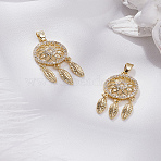 2Pcs Brass Micro Pave Cubic Zirconia Pendants, Woven Net/Web with Feather Charms, Clear, 29x13.5x4.5mm, Hole: 2x5mm(ZIRC-LP0001-01)