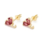Rack Plating Brass Cubic Zirconia Stud Earrings Findings, Real 18K Gold Plated, with Loop, Cadmium Free & Lead Free, Heart, Rosy Brown, 9x8.5mm, Hole: 1.5mm, Pin: 1mm(MAK-I684-10G-05-RS)