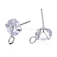 Brass Micro Clear Cubic Zirconia Stud Earring Findings, with Loop, Nickel Free, Real Platinum Plated, 12x8mm, Hole: 2mm, Pin: 0.7mm(X-KK-R132-065P-NF)