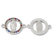 Religion Alloy Connector Charms, with Colorful Rhinestone, Flat Round Links with Virgin Pattern, Platinum, 18x24x2mm, Hole: 1.8mm(X1-FIND-A024-01P)