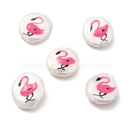 Natural Culture Freshwater Pearl Beads, with Enamel, Flat Round with Flamingo Pattern, Deep Pink, 18~19x15~17x4~6mm, Hole: 1mm(PEAR-E015-03)