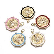 Brass Micro Pave Clear Cubic Zirconia Pendants, with Enamel and Jump Rings, Cadmium Free & Nickel Free & Lead Free, Real 16K Gold Plated, Flat Round with Snake, Mixed Color, 24.5x22x2.5mm, Jump Ring: 5x1mm, 3mm inner diameter(ZIRC-S067-014-NR)