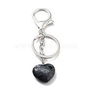 Natural Labradorite Keychain, with Platinum Plated Iron Split Key Rings, Heart, 9~9.2cm(KEYC-M022-04A)