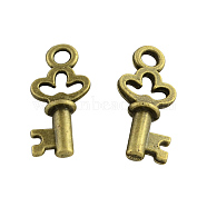 Tibetan Style Alloy Key Pendants, Cadmium Free & Nickel Free & Lead Free, Antique Bronze, 17x7.5x3mm, Hole: 2mm, about 2308pcs/950g(TIBEP-Q035-80AB-NR)