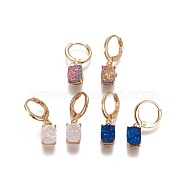 Electroplated Natural Druzy Agate Dangle Hoop Earrings, with Brass Findings, Long-Lasting Plated, Rectangle, Golden, Mixed Color, 8x6x5mm, Pin: 1mm(EJEW-F221-05-G)