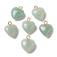 Natural Green Aventurine Pendants, Heart Charms with Golden Plated Brass Loops, 15~15.5x12~12.5x4.5~5.5mm, Hole: 2mm(G-E603-01G-07)