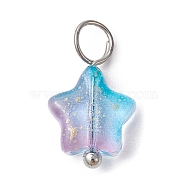 Glass Pendant, with Brass Findings, Star, Sky Blue, 13.5~14x8x4mm, Hole: 3mm(PALLOY-JF02337-30A)