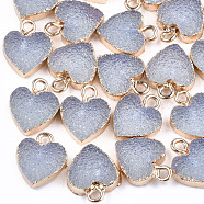 Electroplate Druzy Resin Pendants, with Iron Findings, Heart, Light Gold, Light Steel Blue, 15x12x3.5~4mm, Hole: 1mm(X-RESI-S366-01C)