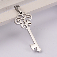 Key 304 Stainless Steel Pendants, Stainless Steel Color, 40x16x2mm, Hole: 7x3mm(STAS-E104-05P)