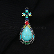 Synthetic Turquoise Musical Instrument Pipa Brooch with Enamel, Platinum Alloy Lapel Pin for Women, 65x27mm(G-PW0007-054C)