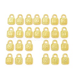 Eco-friendly Rack Plating Brass Pendants, Cadmium Free & Lead Free, Long-Lasting Plated, Lock with 26 Letter, Real 18K Gold Plated, 15x10x3mm, Hole: 3.5x4mm, 26 styles, 1pc/style, 26pcs/set(KK-F843-09G)