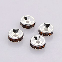 (Holiday Stock-Up Sale)Brass Rhinestone Spacer Beads, Grade AAA, Straight Flange, Nickel Free, Silver Color Plated, Rondelle, Coffee, 4x2mm, Hole: 0.8mm(RB-A014-Z4mm-15S-NF)