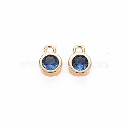 Brass Charms, with Rhinestone, Nickel Free, Real 18K Gold Plated, Flat Round, Sapphire, 8x5x3mm, Hole: 1.4mm(KK-S364-160H)