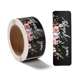 Flower Pattern Paper Gift Tag Stickers, Rectangle with Word Thank You Adhesive Labels Roll Stickers, for Party, Decorative Presents, Black, 2.8cm, about 120pcs/roll(DIY-C011-01A)