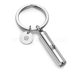 Non-Tarnish Column Openable Pet Memorial Urn Ashes Stainless Steel Pendant Keychain, Flat Round with Paw Print Keychain, Stainless Steel Color, Column: 38x8mm, Flat round: 15mm in diameter, Ring: 25mm(ANIM-PW0001-024)