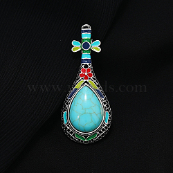 Synthetic Turquoise Musical Instrument Pipa Brooch with Enamel, Platinum Alloy Lapel Pin for Women, 65x27mm(G-PW0007-054C)