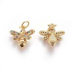 Brass Micro Pave Cubic Zirconia Charms, Bees, Colorful, Golden, 13.5x14~14.5x3.5mm, Hole: 3mm(ZIRC-E161-20G)