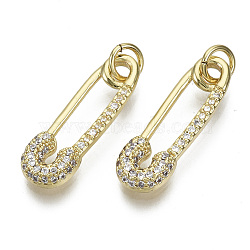 Brass Micro Pave Cubic Zirconia Pendants, Nickel Free, with Jump Rings, Safety Pin Shape, Clear, Real 18K Gold Plated, 22x7x2.5mm, Jump Rng: 5.5x0.8mm, inner diameter: 3.5mm(ZIRC-S061-178G-NF)