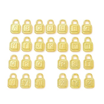 Eco-friendly Rack Plating Brass Pendants, Cadmium Free & Lead Free, Long-Lasting Plated, Lock with 26 Letter, Real 18K Gold Plated, 15x10x3mm, Hole: 3.5x4mm, 26 styles, 1pc/style, 26pcs/set